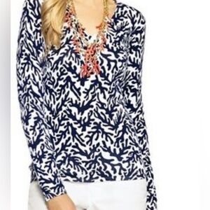 Lilly Pulitzer Adelaide Sweater Navy Coral Design Long Sleeves V-Neck